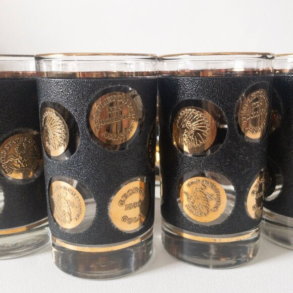 Vintage Libbey black textured 22-karat gold coin glasses MCM 1960s barware (9) - Picture 16 of 16